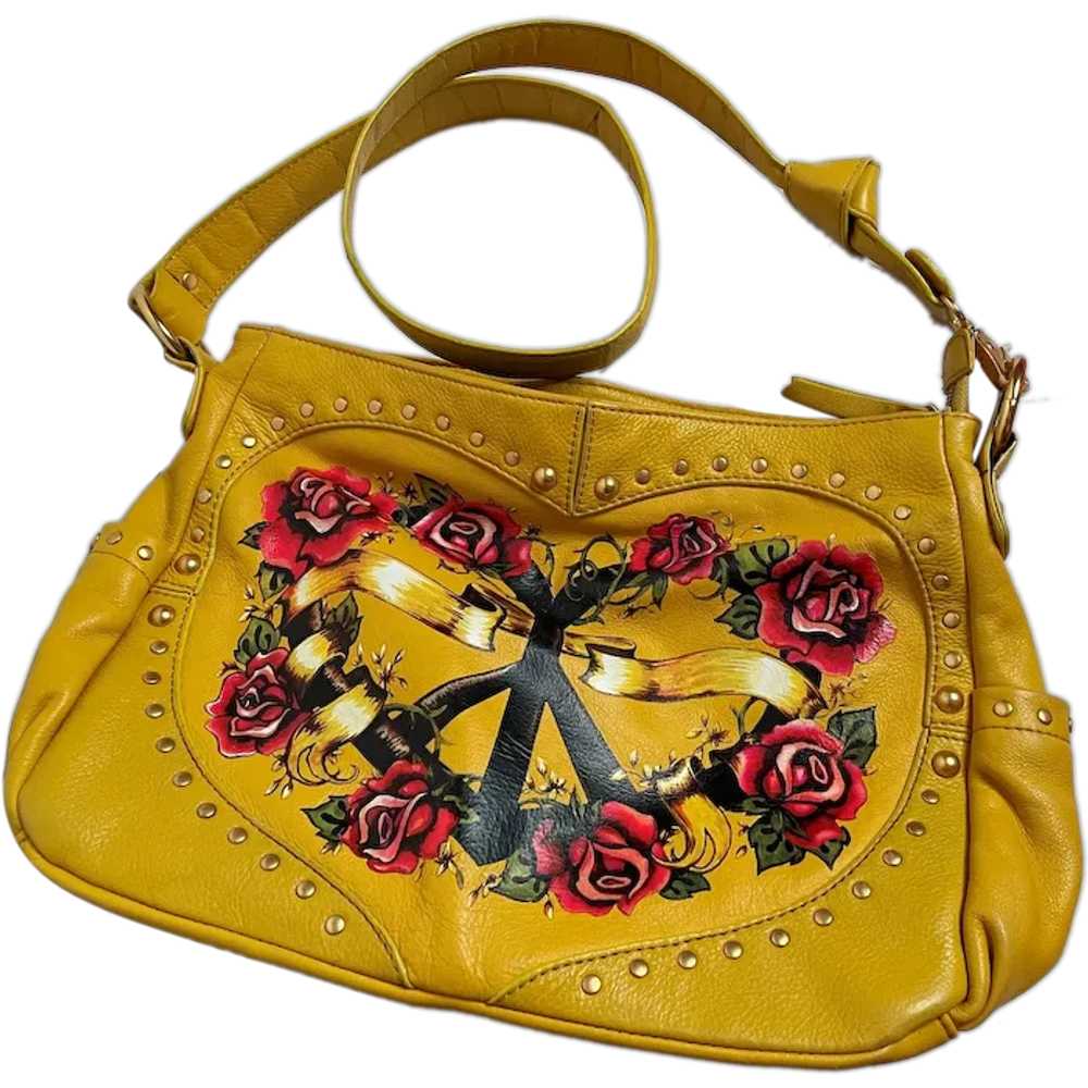 Peace Love Painted Yellow Leather Cross Body Bag … - image 3