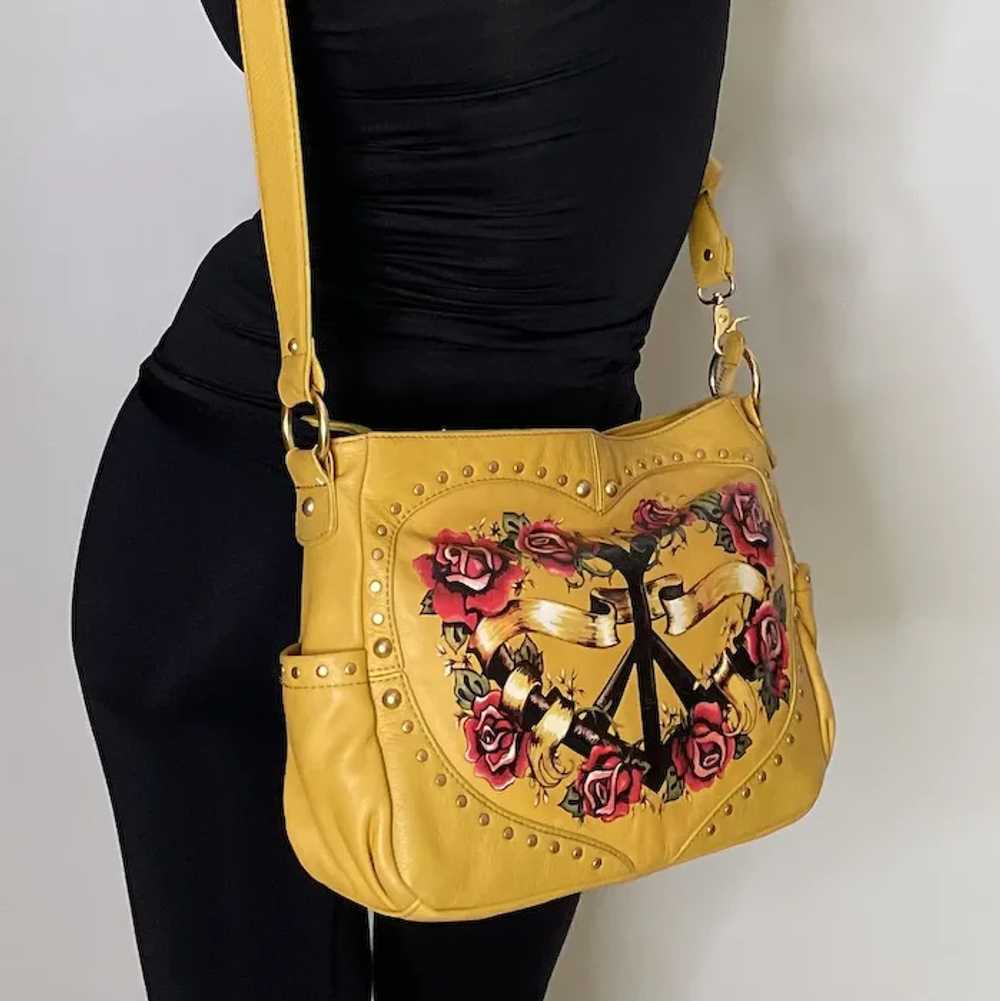 Peace Love Painted Yellow Leather Cross Body Bag … - image 4