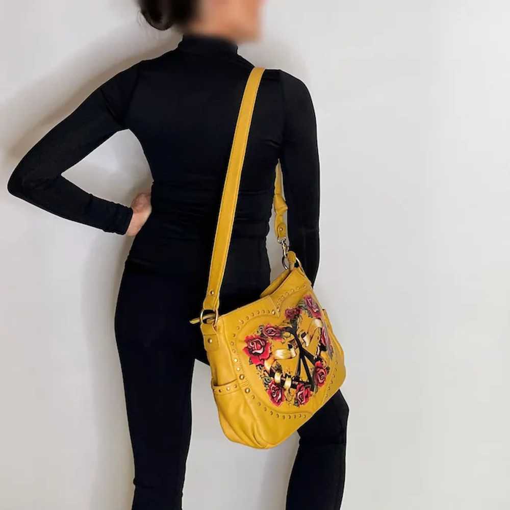 Peace Love Painted Yellow Leather Cross Body Bag … - image 5