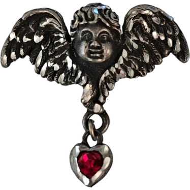 EAE Pewter Cupid Read Heart Rhinestone Charm Dangl