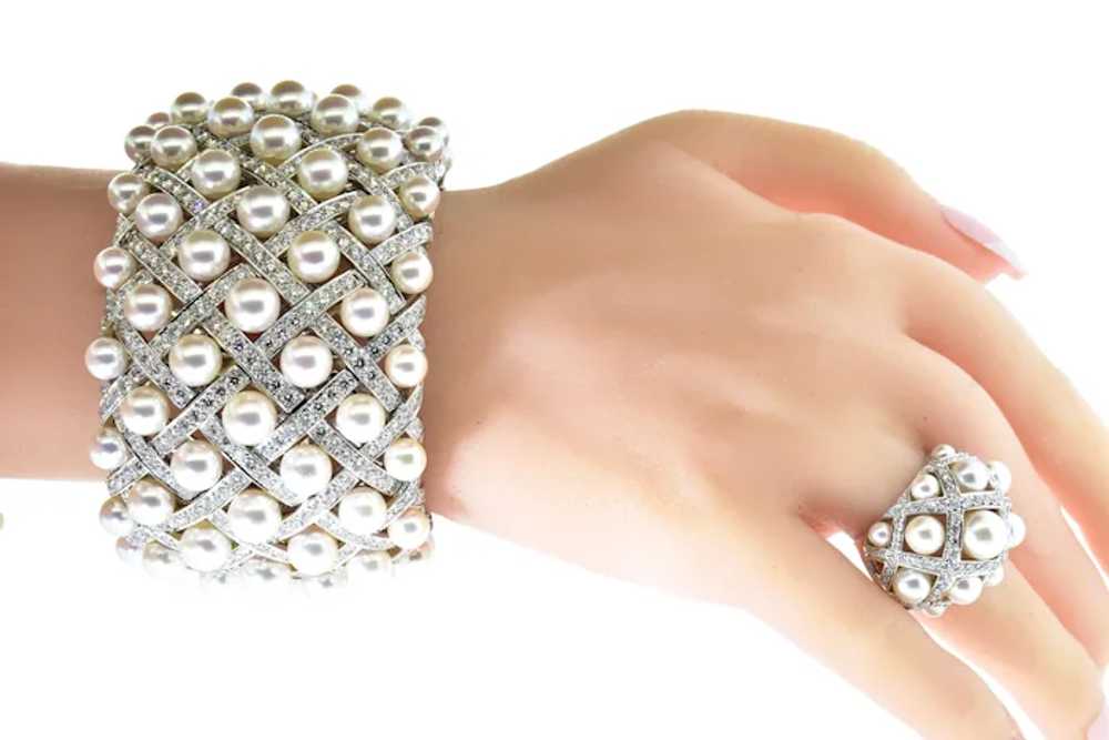 Chanel Matelasse Diamond & Pearl 18K Wide Bangle … - image 3