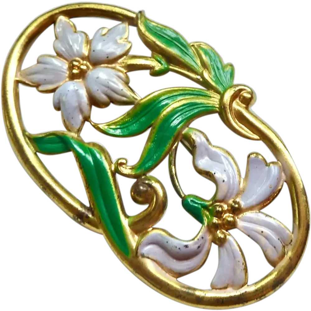 Vintage Enamel Floral Brooch on Gold Tone Metal, … - image 1