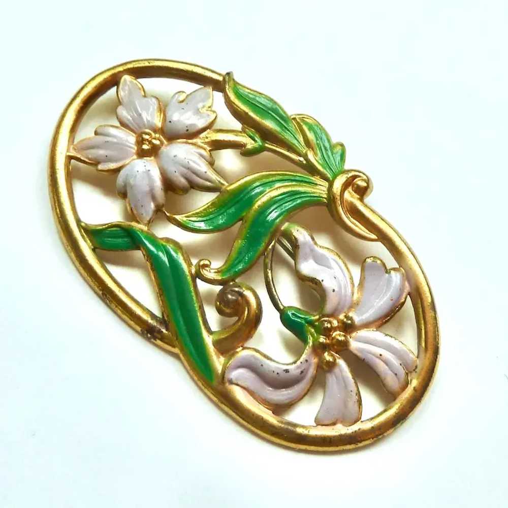 Vintage Enamel Floral Brooch on Gold Tone Metal, … - image 2