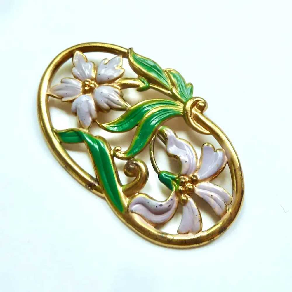 Vintage Enamel Floral Brooch on Gold Tone Metal, … - image 3