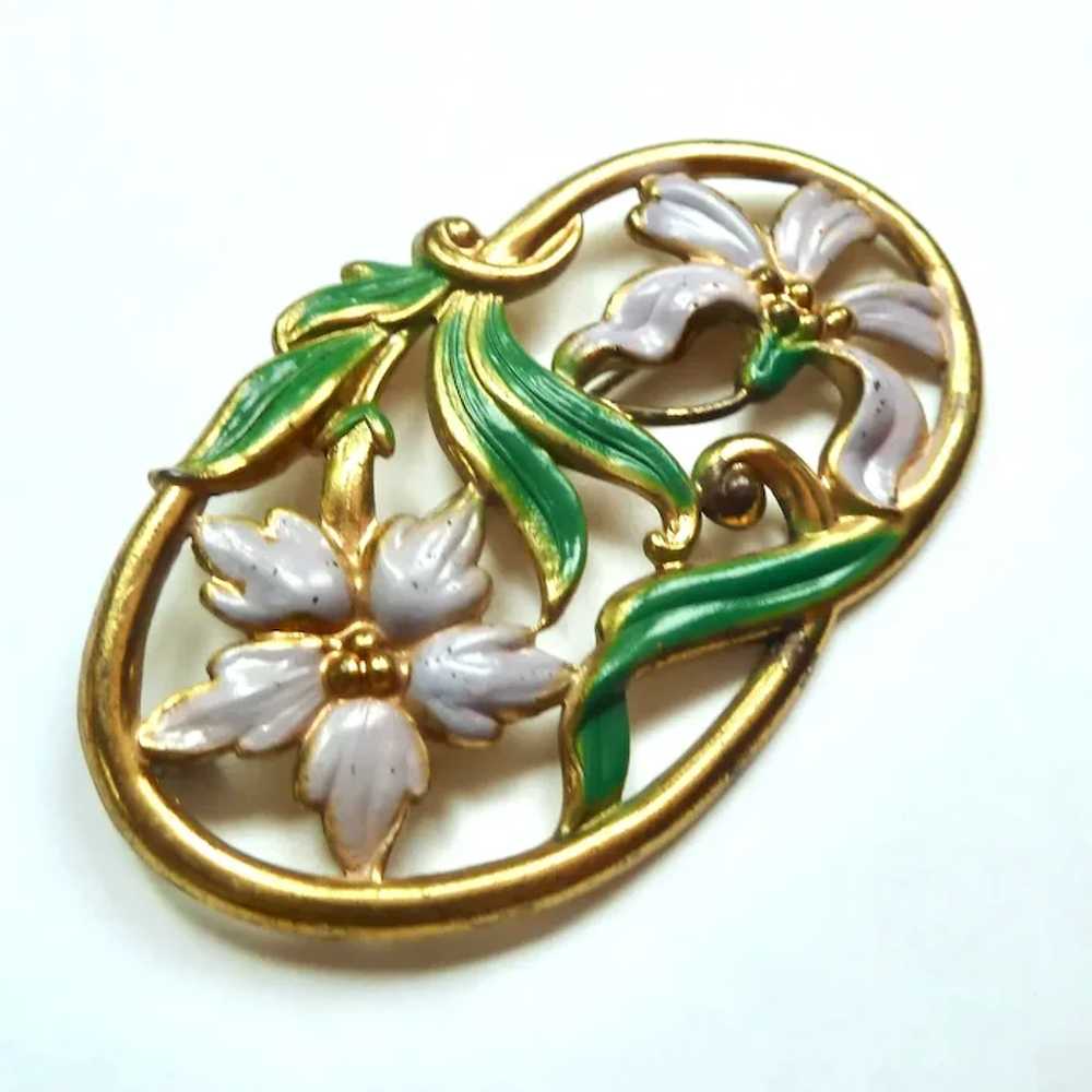 Vintage Enamel Floral Brooch on Gold Tone Metal, … - image 4