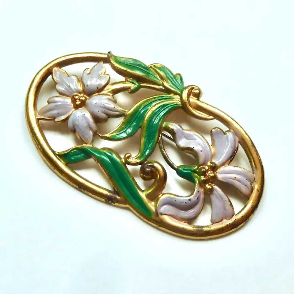 Vintage Enamel Floral Brooch on Gold Tone Metal, … - image 5