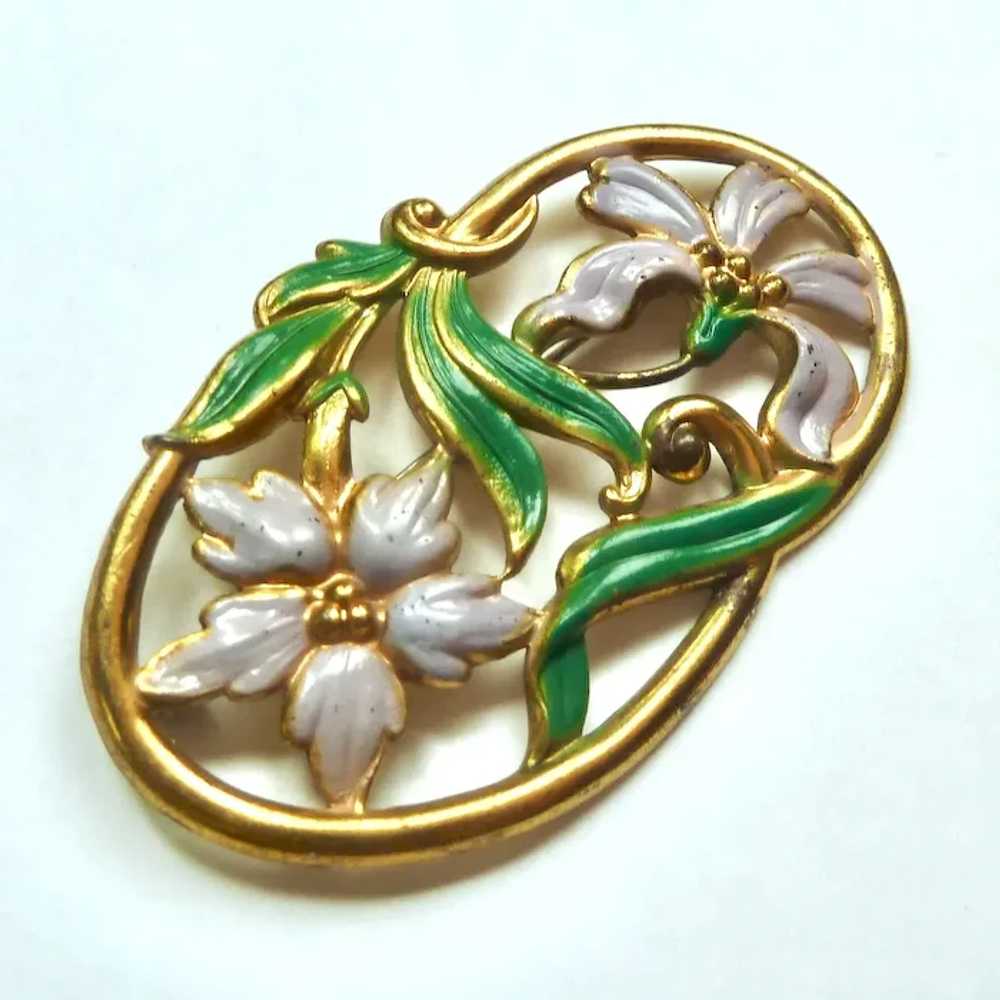 Vintage Enamel Floral Brooch on Gold Tone Metal, … - image 6