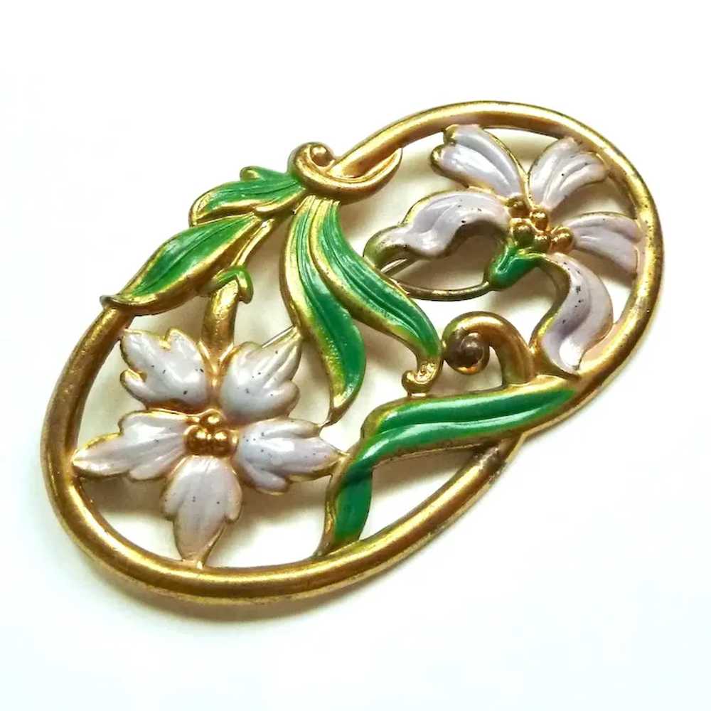 Vintage Enamel Floral Brooch on Gold Tone Metal, … - image 7