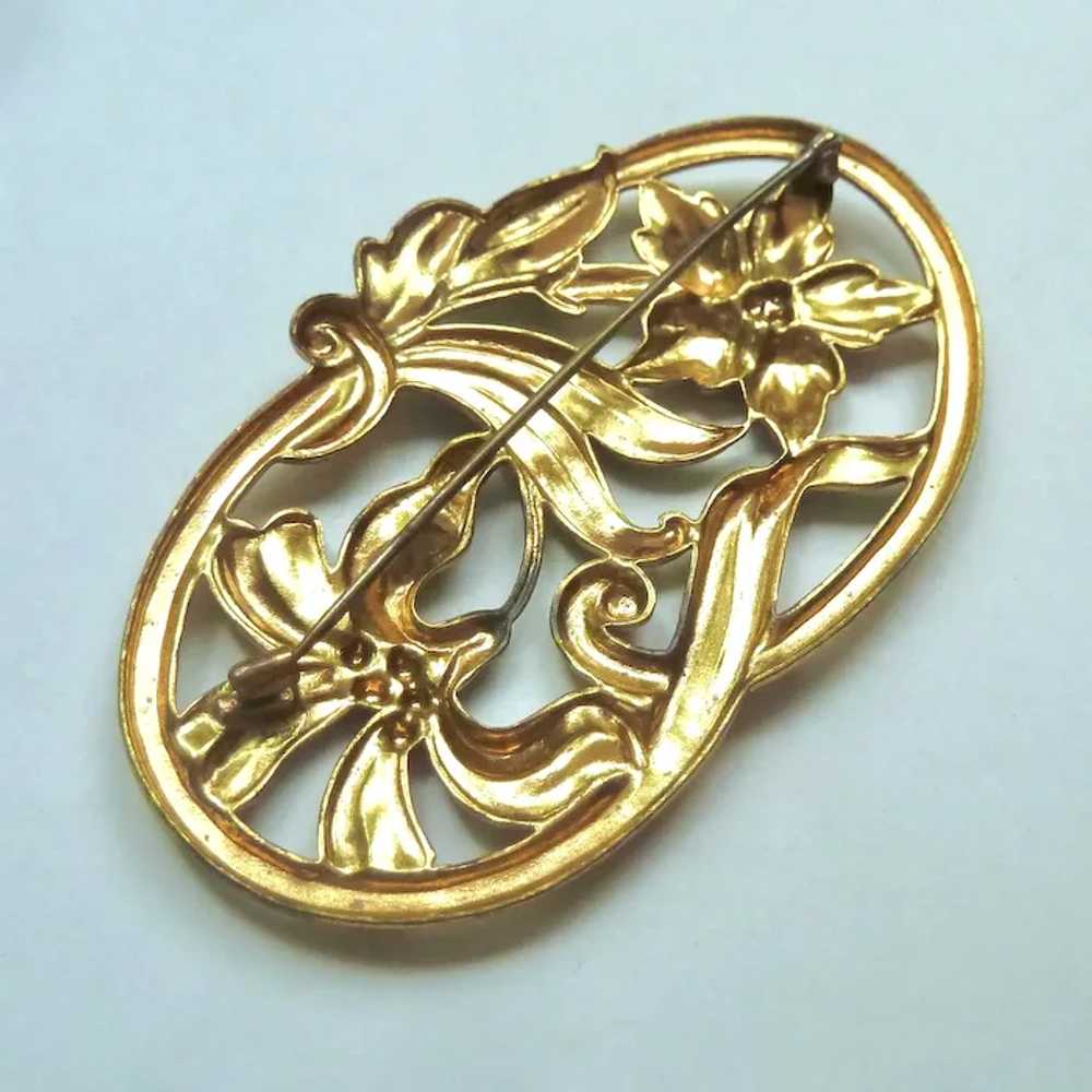 Vintage Enamel Floral Brooch on Gold Tone Metal, … - image 8