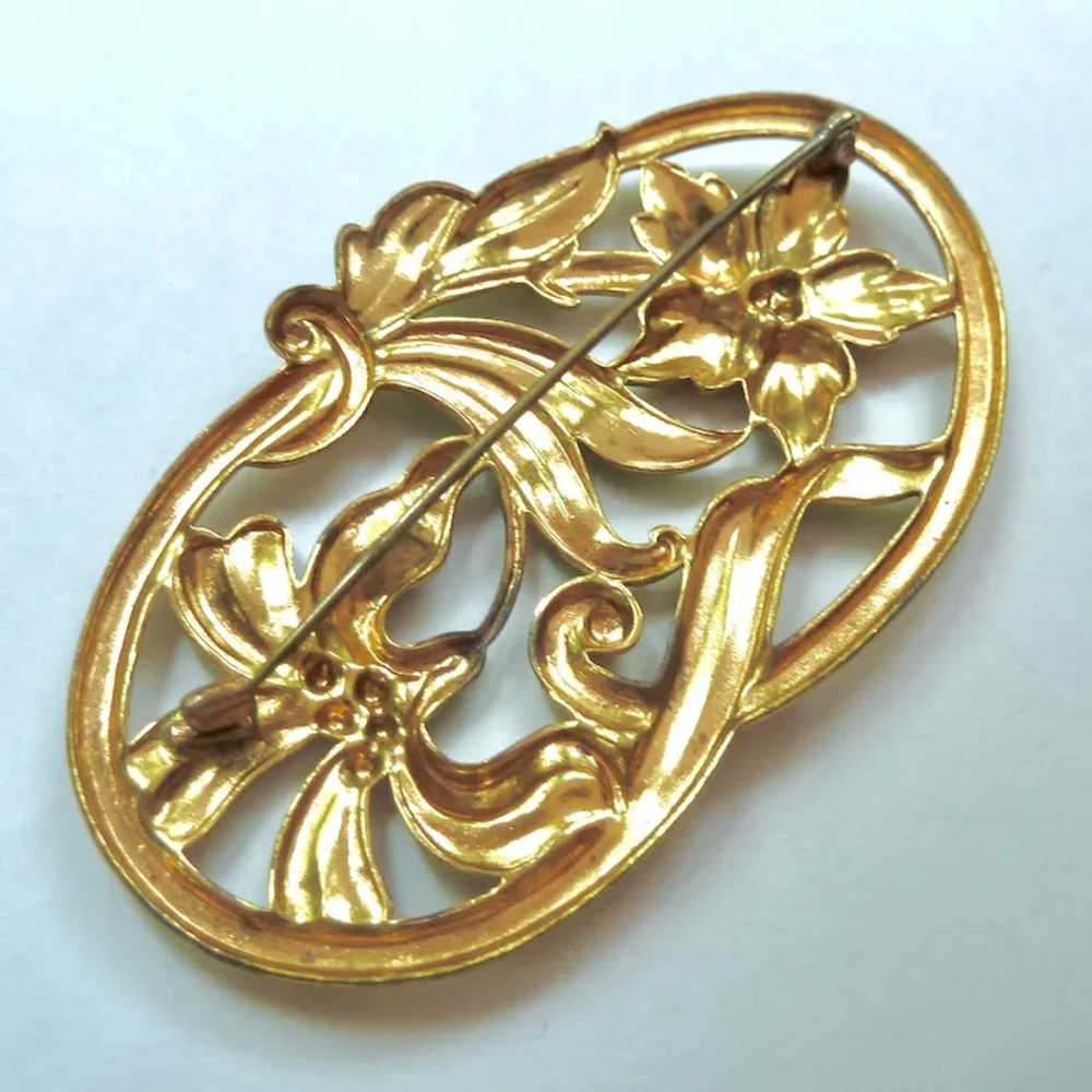 Vintage Enamel Floral Brooch on Gold Tone Metal, … - image 9