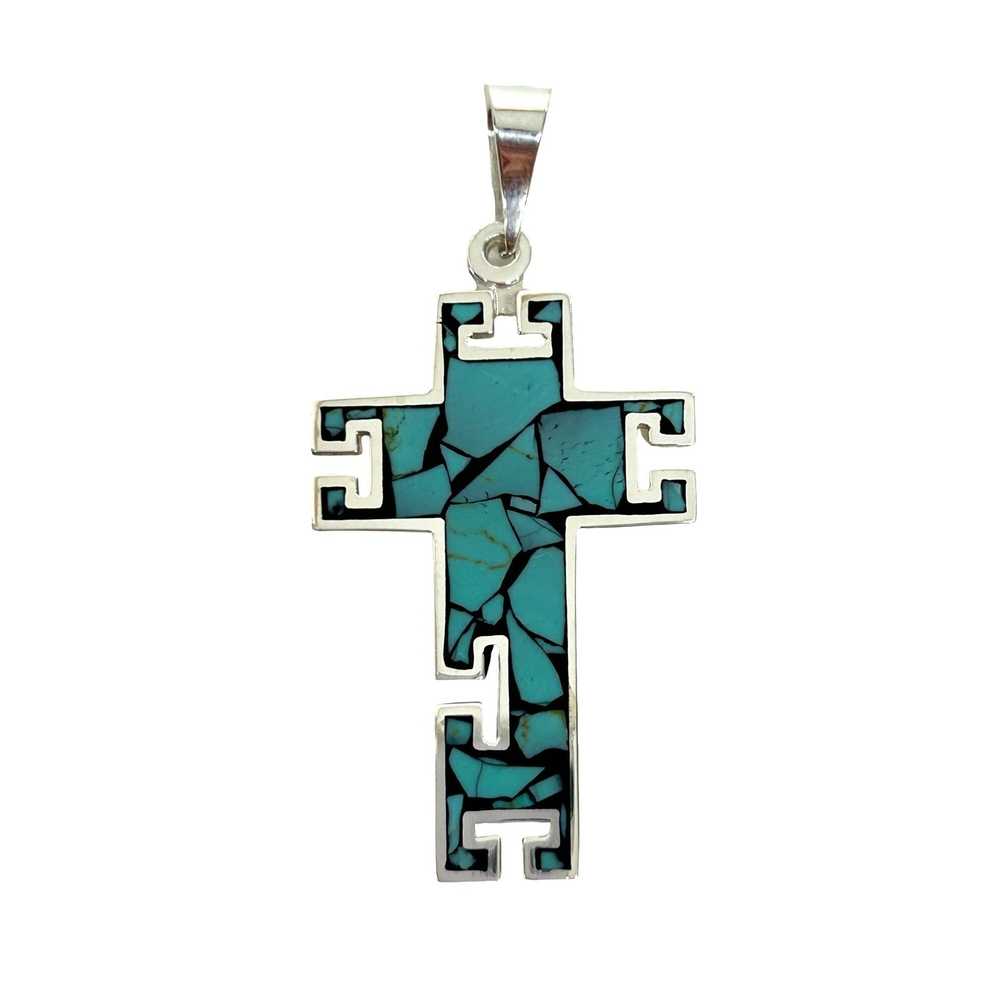 Other Cross Pendant Sterling Silver Turquoise Inl… - image 1