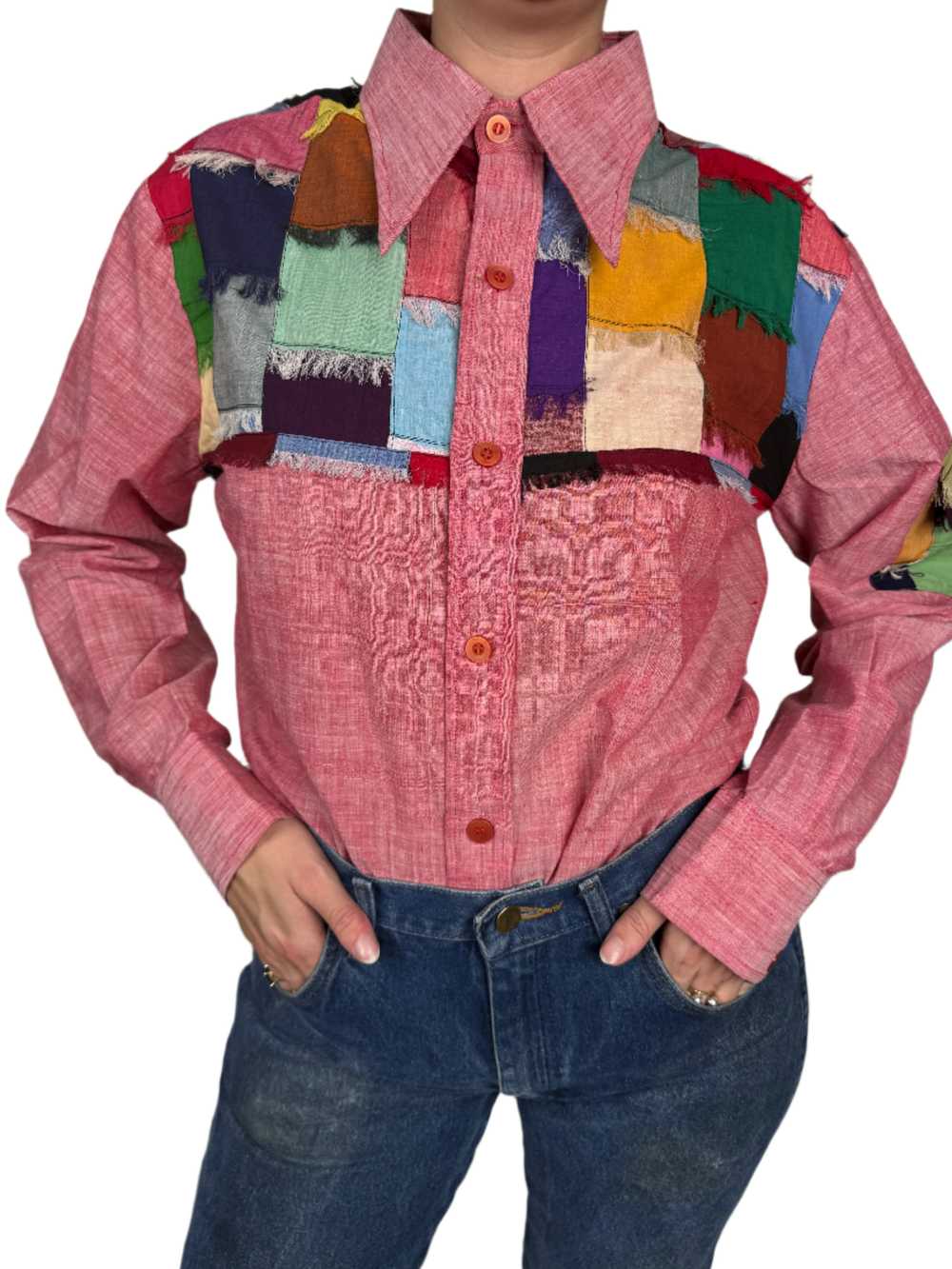 Lew Magram, Red Disco Shirt w/ Patchwork 1970s - image 3