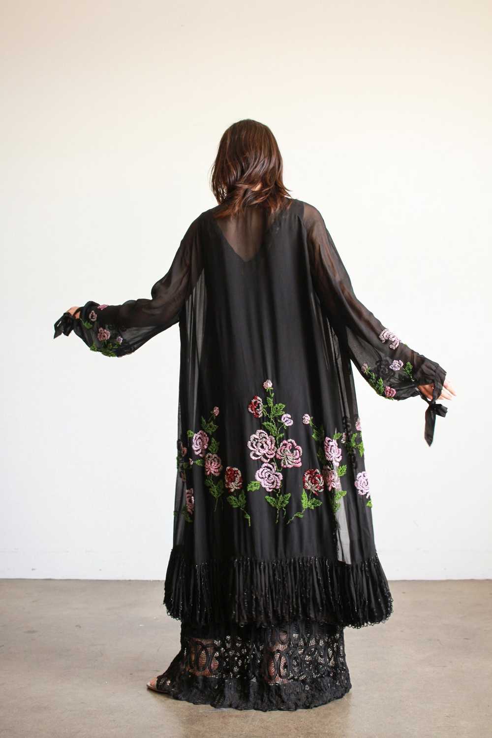 1920s Black Chiffon Floral Beaded Duster - image 10