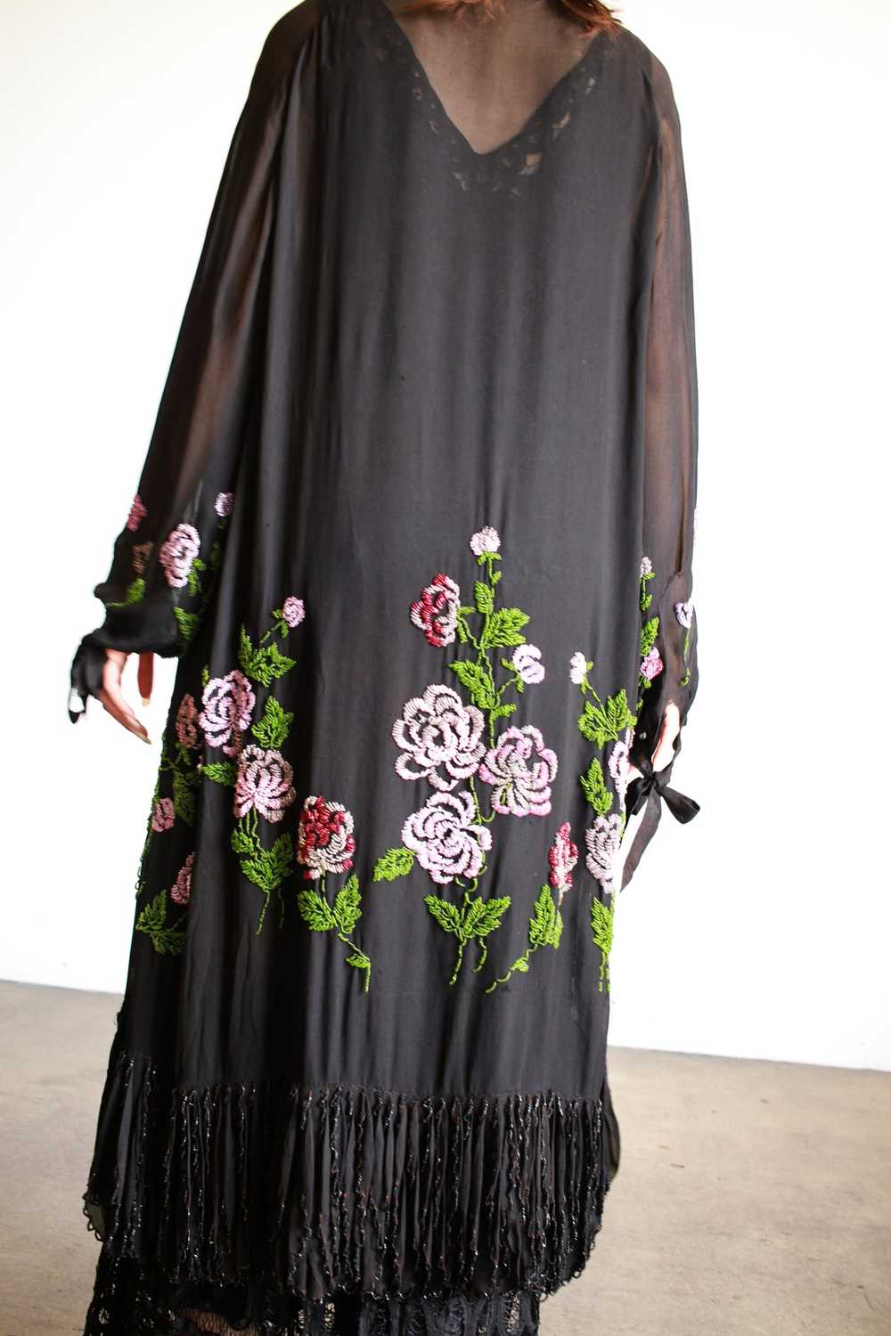 1920s Black Chiffon Floral Beaded Duster - image 12