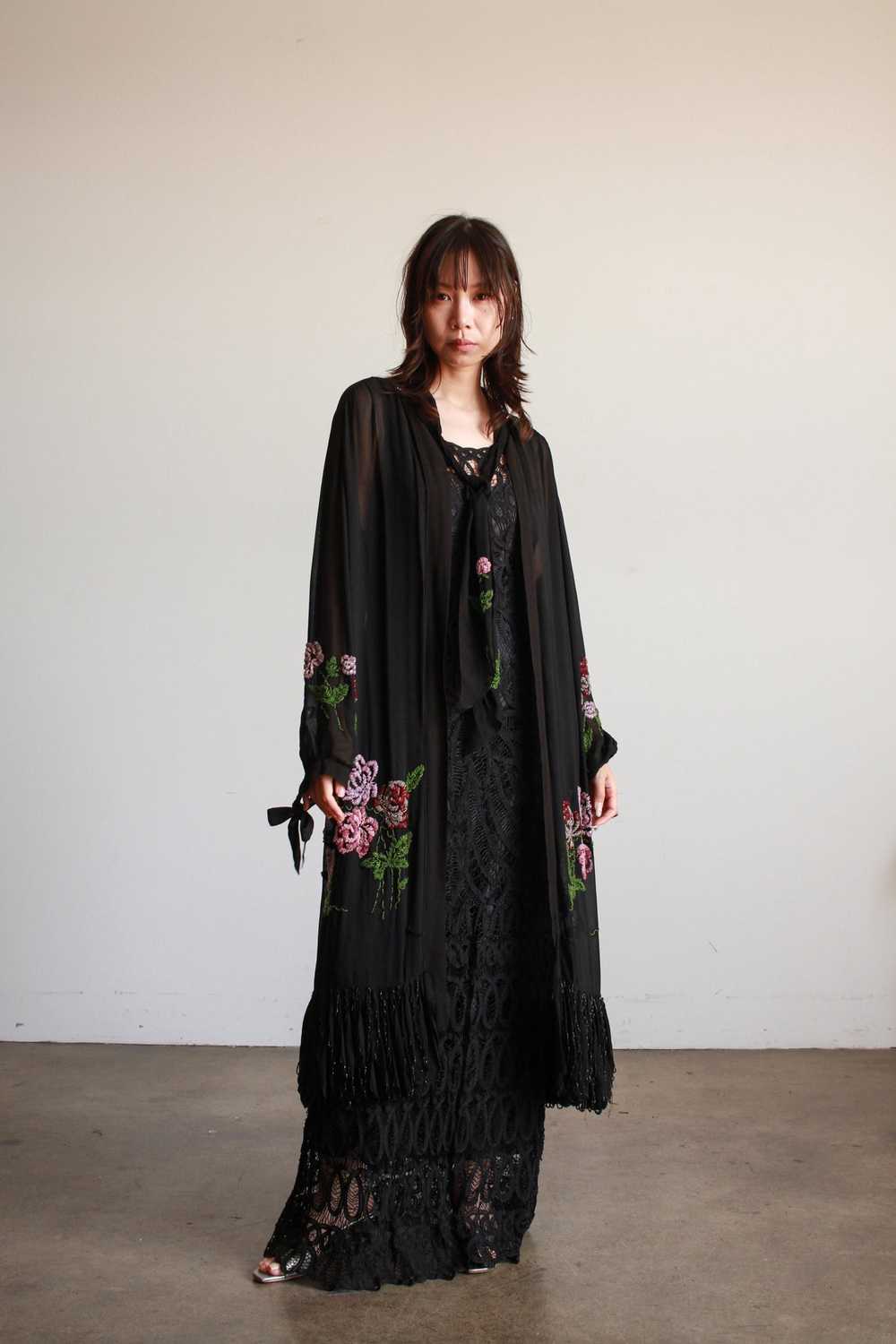 1920s Black Chiffon Floral Beaded Duster - image 1