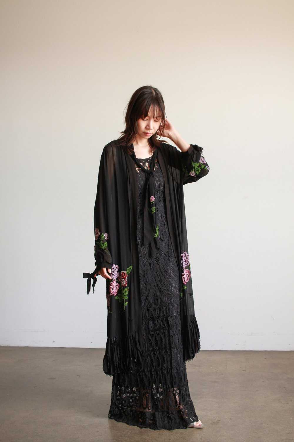 1920s Black Chiffon Floral Beaded Duster - image 2