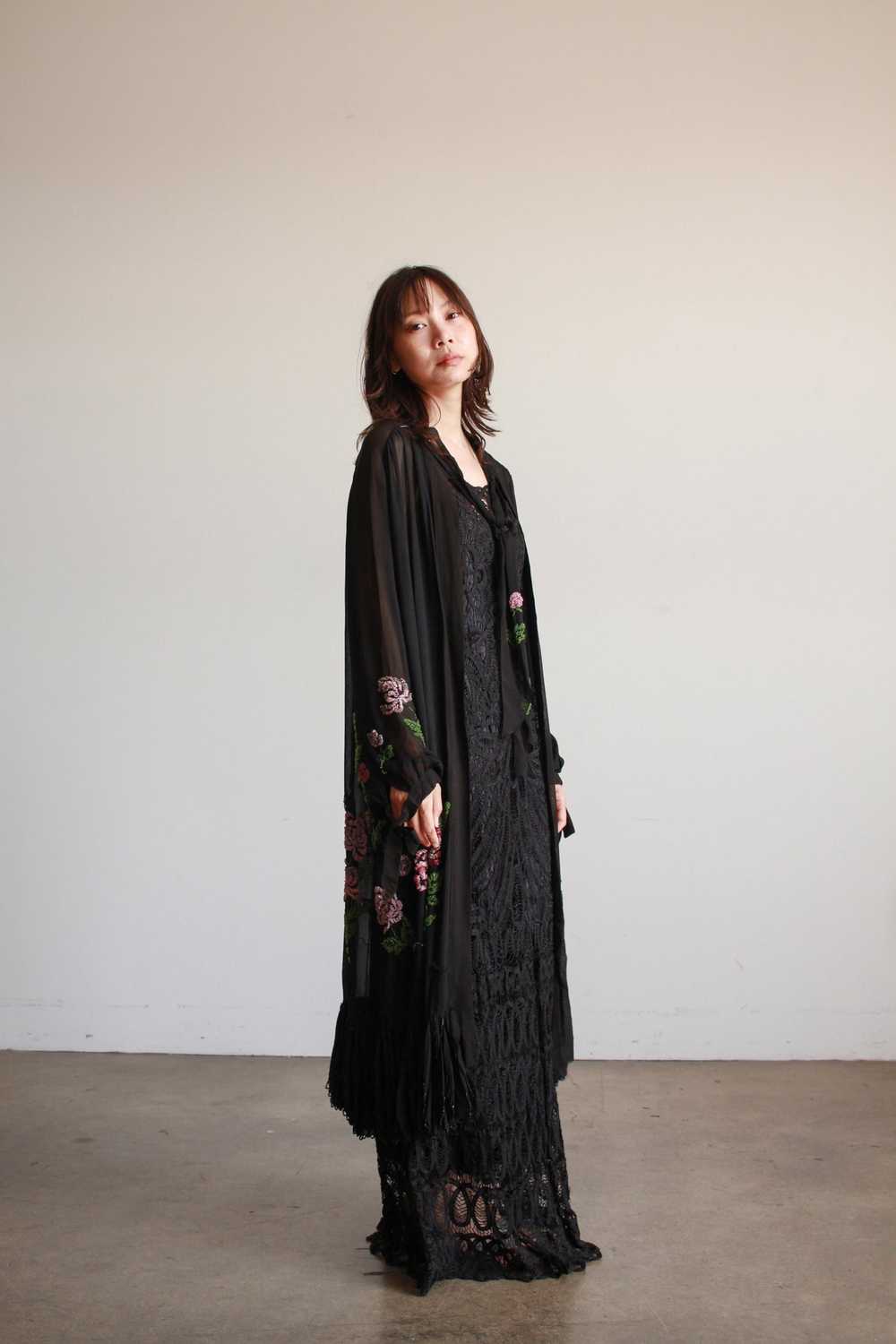 1920s Black Chiffon Floral Beaded Duster - image 3