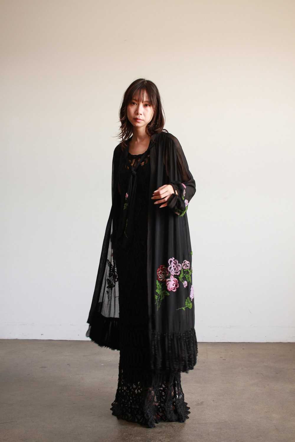 1920s Black Chiffon Floral Beaded Duster - image 4