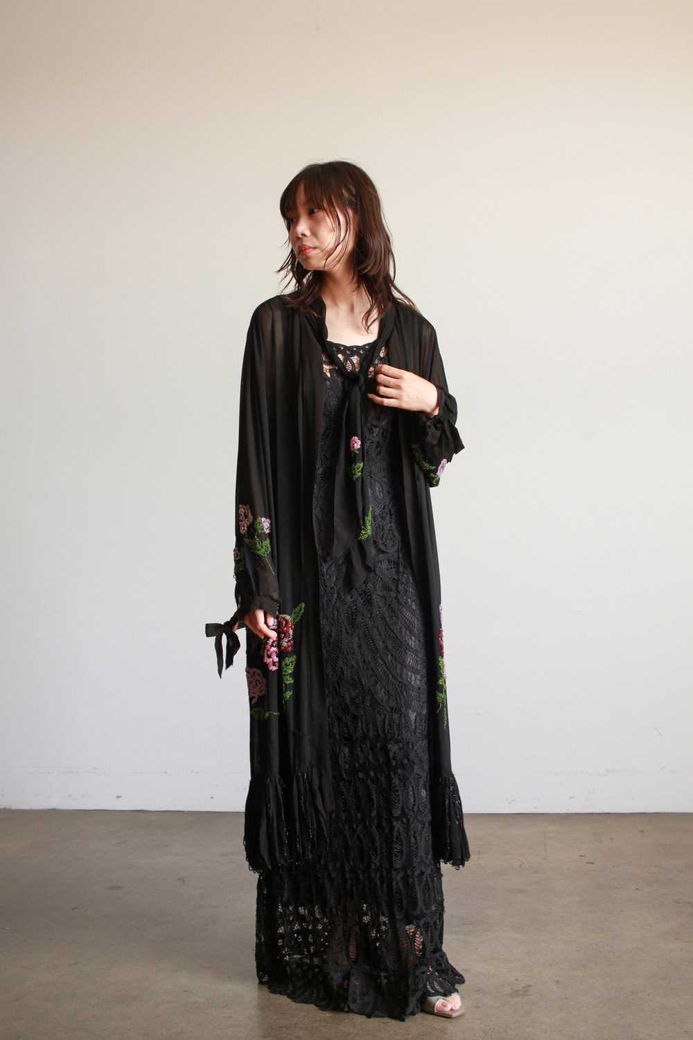 1920s Black Chiffon Floral Beaded Duster - image 5