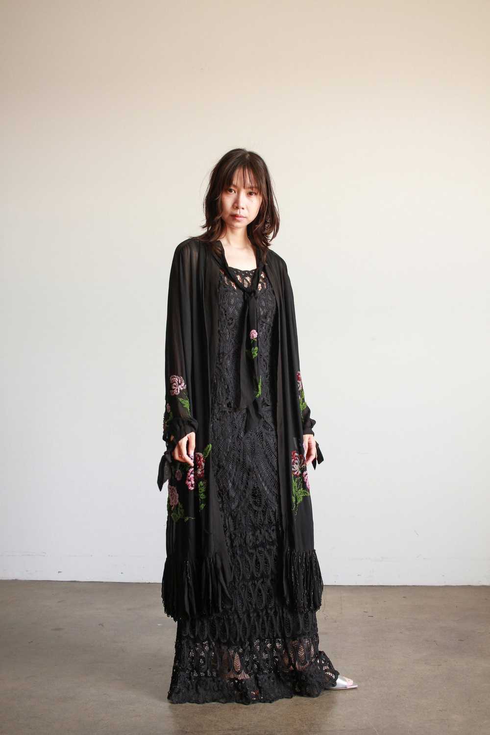 1920s Black Chiffon Floral Beaded Duster - image 6