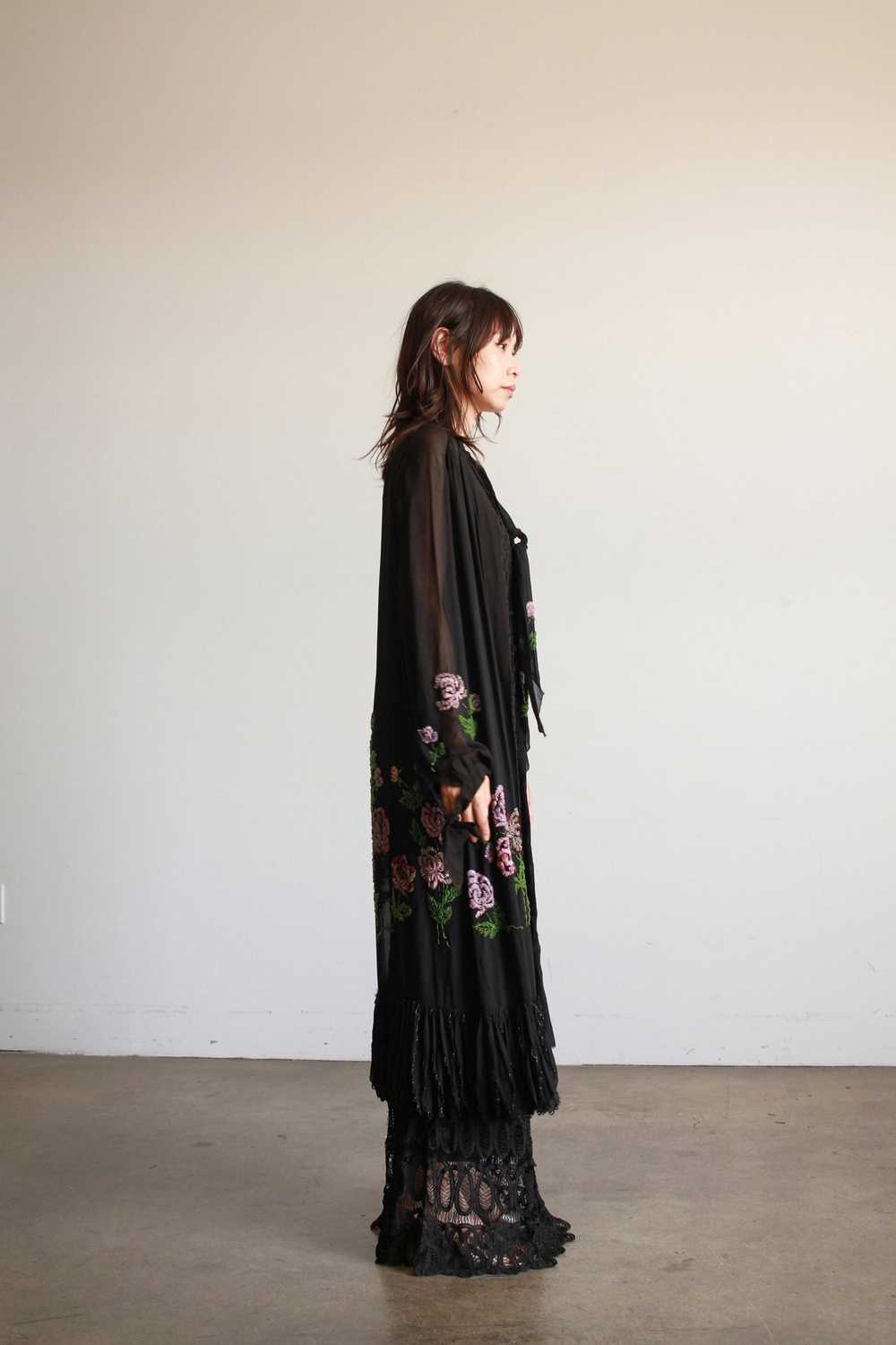 1920s Black Chiffon Floral Beaded Duster - image 7