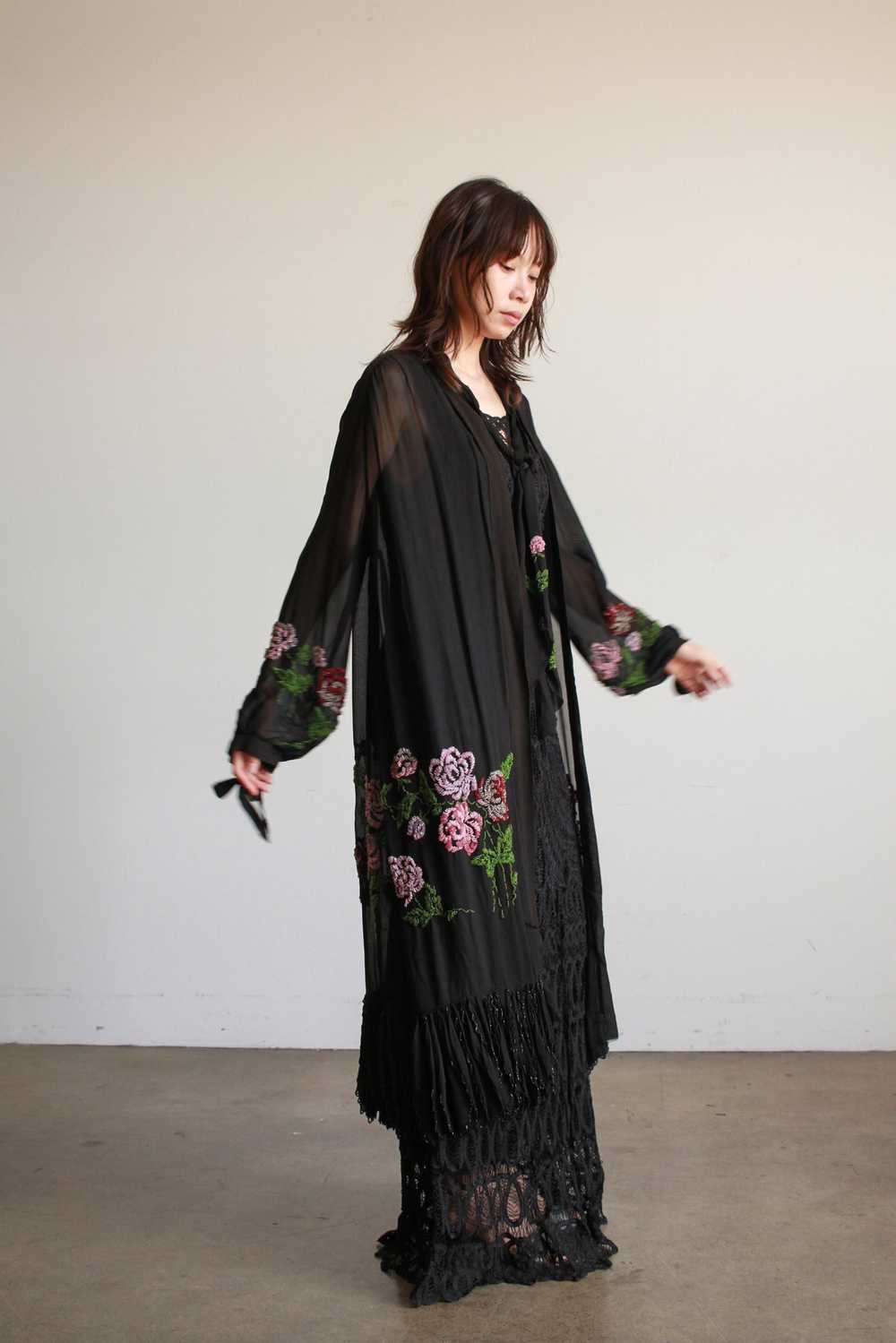 1920s Black Chiffon Floral Beaded Duster - image 8