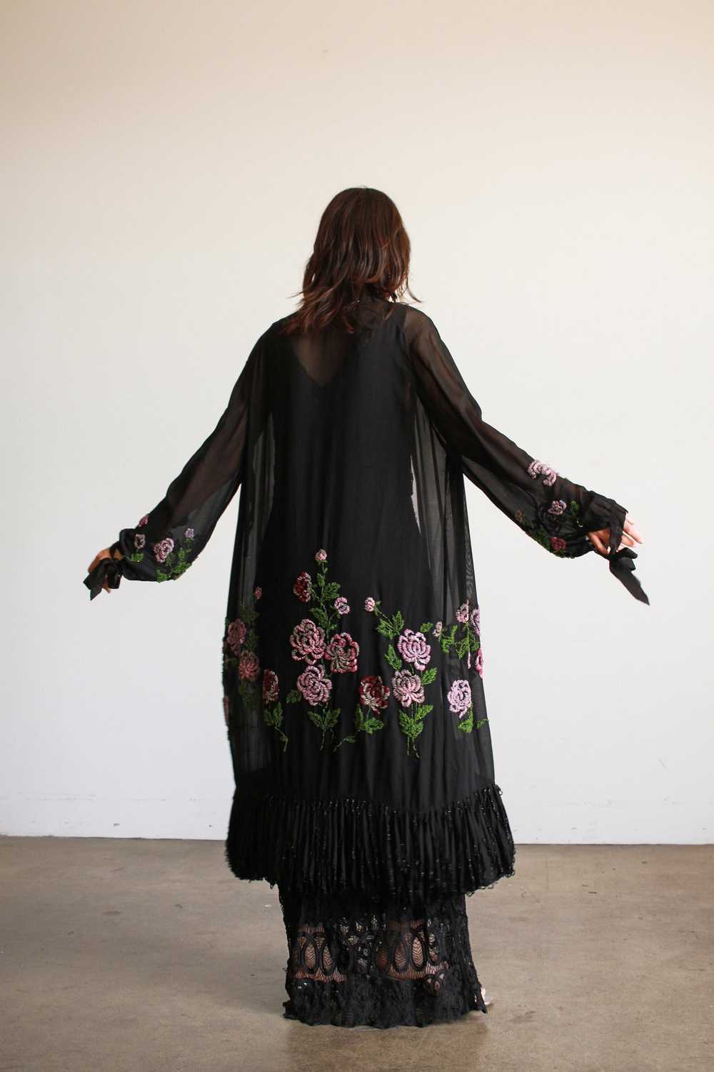 1920s Black Chiffon Floral Beaded Duster - image 9