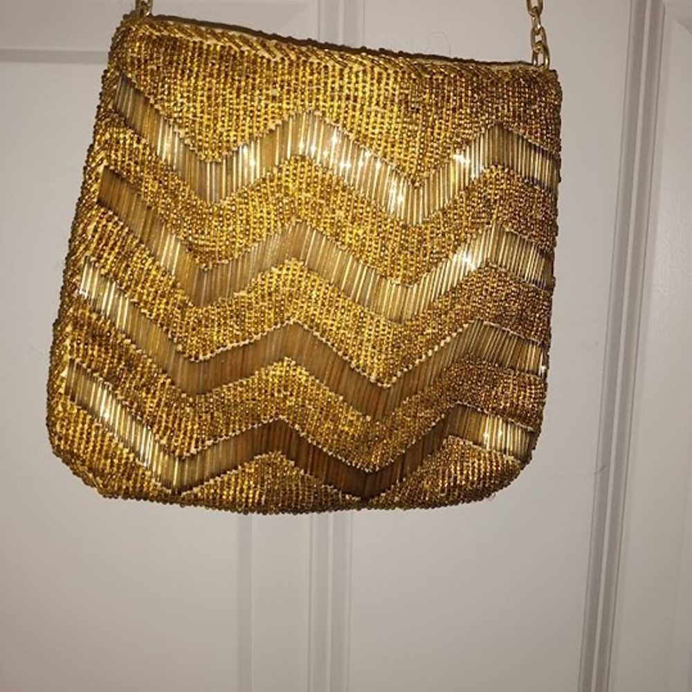 Vintage gold tone seed& tube beaded purse with sn… - image 2