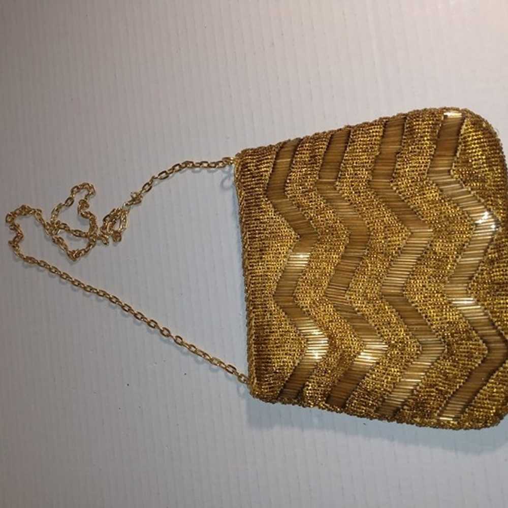 Vintage gold tone seed& tube beaded purse with sn… - image 3