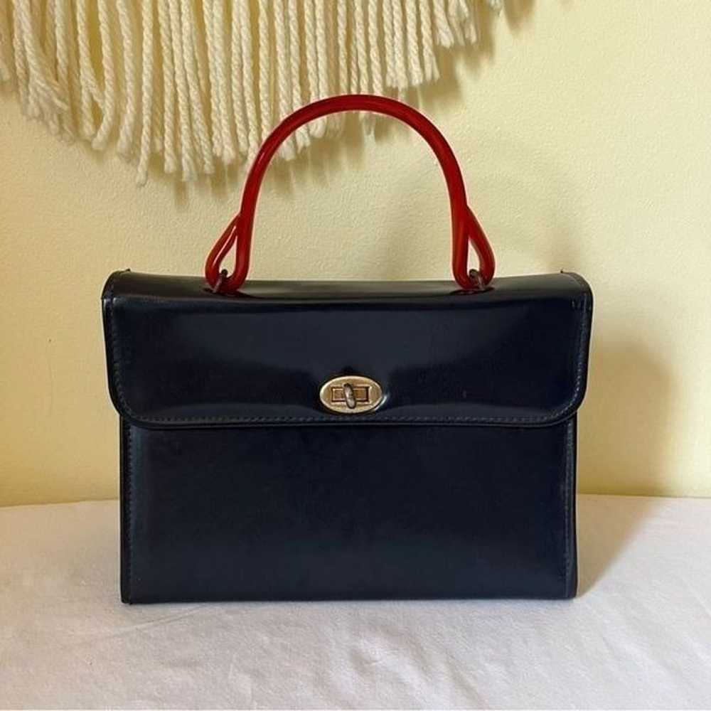 Vintage 50s 60s Retro Navy Blue Handbag Red Lucit… - image 1