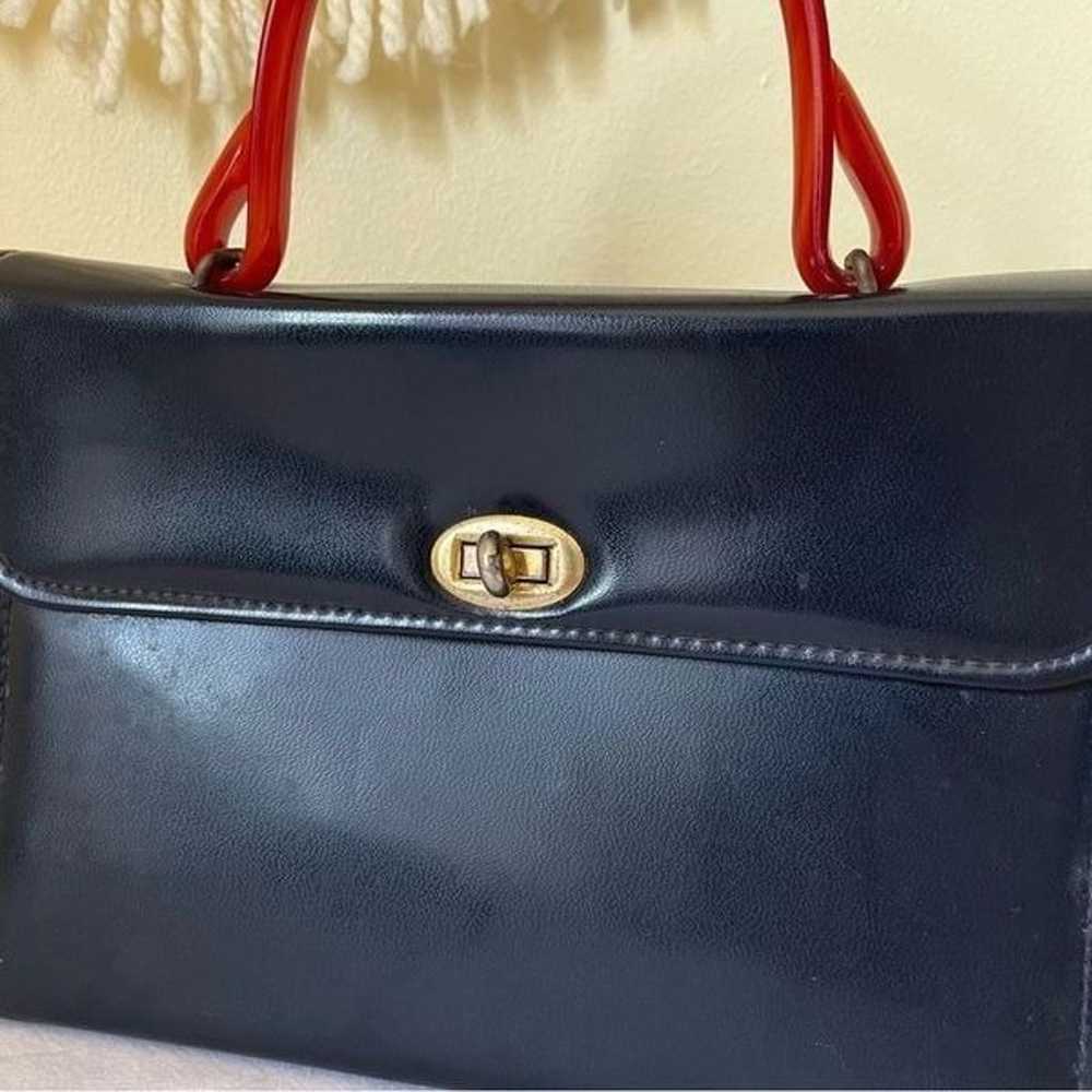 Vintage 50s 60s Retro Navy Blue Handbag Red Lucit… - image 2