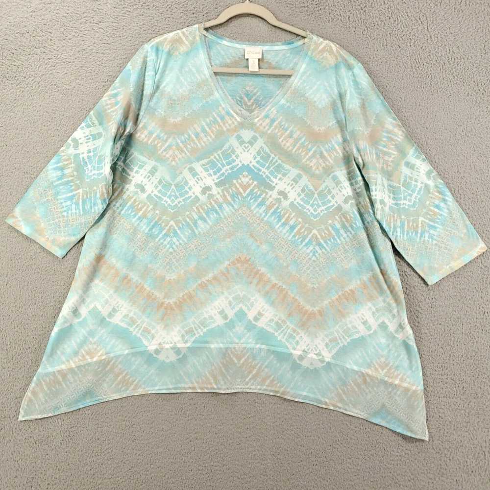 Vintage Chicos 3 Blouse Womens XL Aqua Tan Tie Dy… - image 2