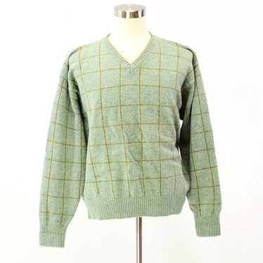 Orvis 90s Vintage Mens L Green Plaid Wool V Neck … - image 1