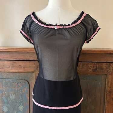 Vintage black mesh Betsey Johnson shirt with sati… - image 1