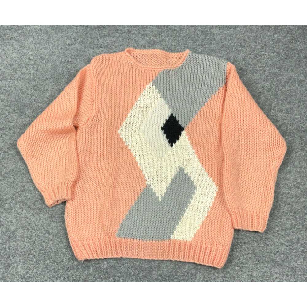 Pinko VTG 80s Chunky Hand Knit Pink Gray Abstract… - image 1