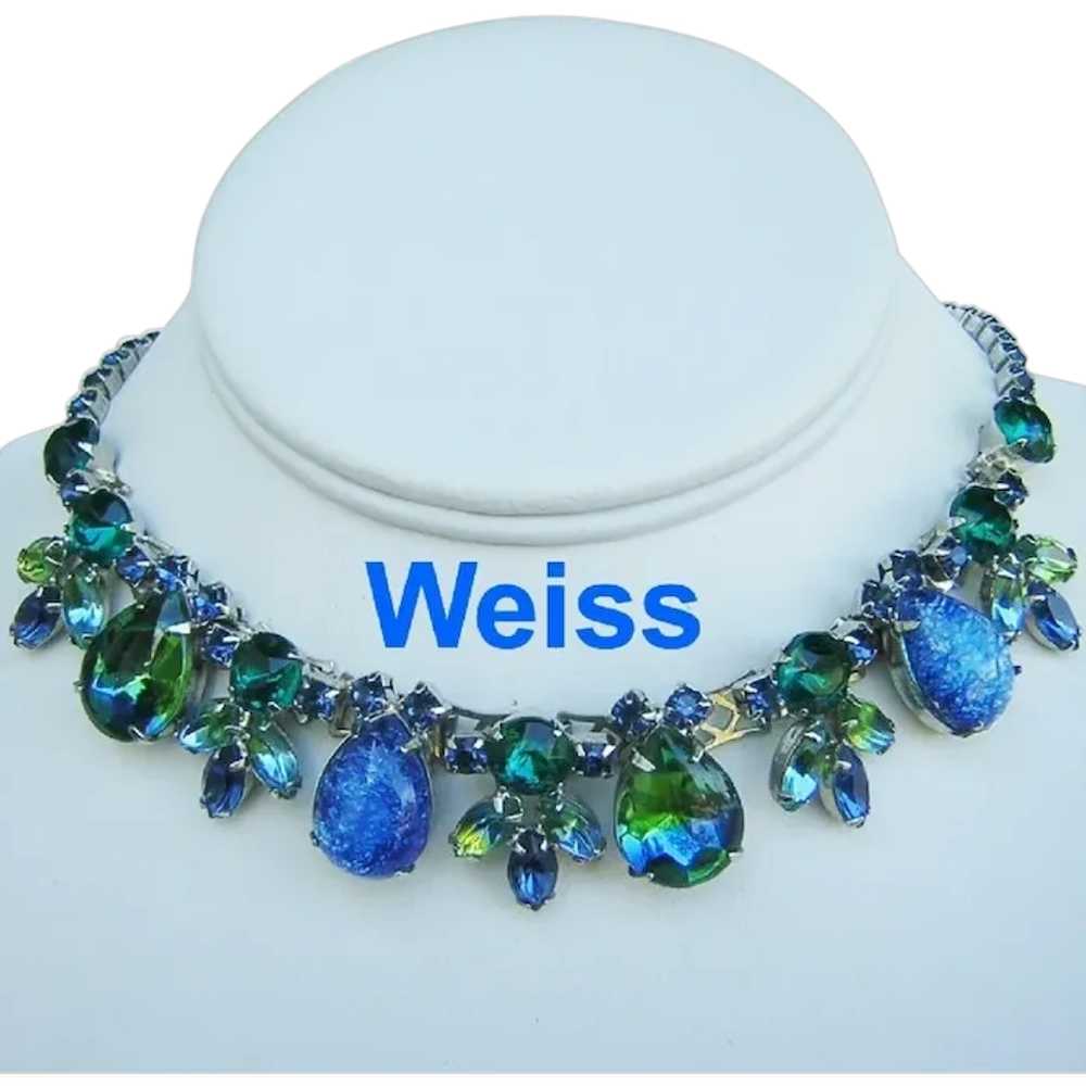 WEISS Cats Eye / Art Glass & Rhinestones BLUES & … - image 1