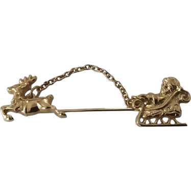 Vintage Avon Gold Tone Santa Sleigh and Reindeer … - image 1