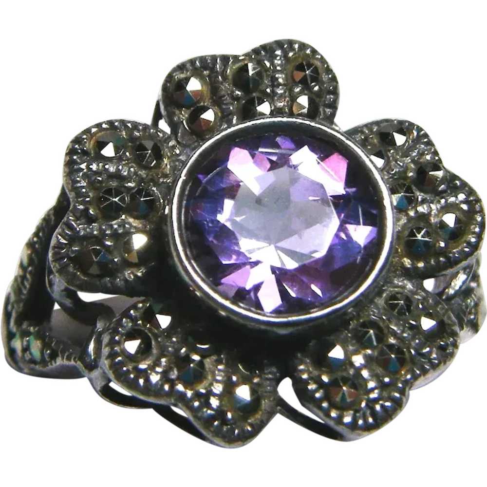 Large Vintage Signed A 925 Amethyst Marcasite Sha… - image 1