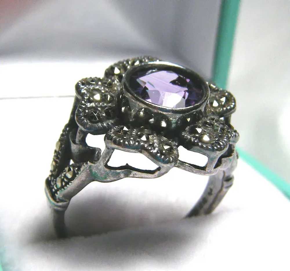 Large Vintage Signed A 925 Amethyst Marcasite Sha… - image 2