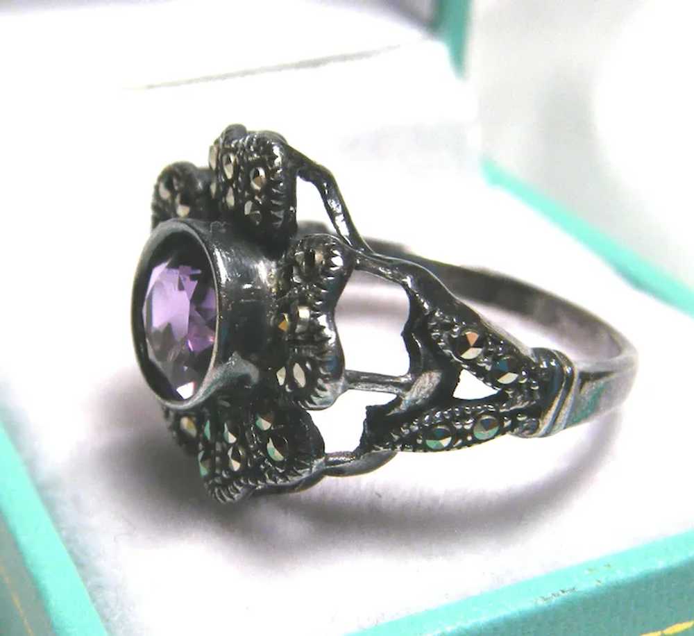 Large Vintage Signed A 925 Amethyst Marcasite Sha… - image 3