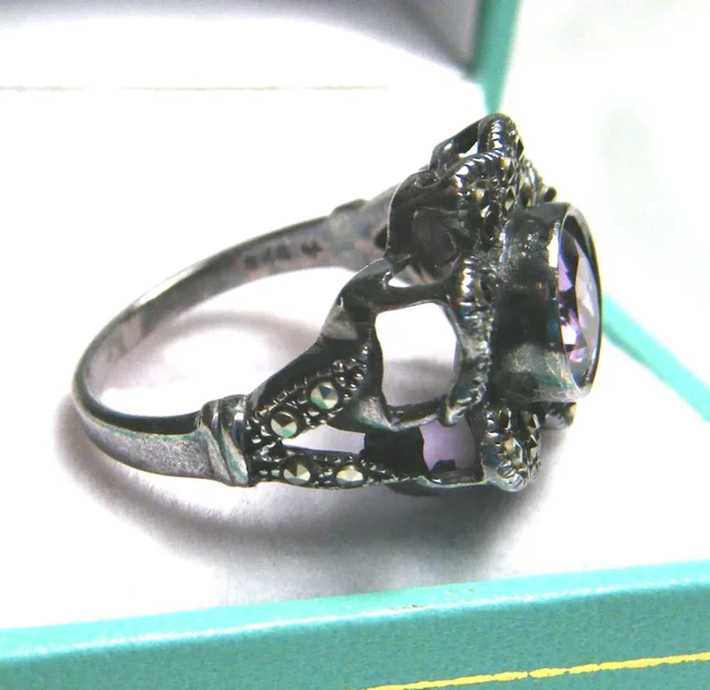 Large Vintage Signed A 925 Amethyst Marcasite Sha… - image 4