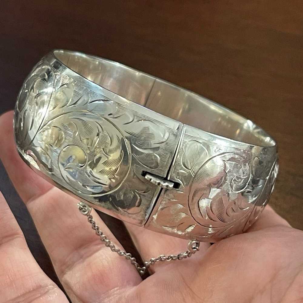 Antique solid sterling silver hand etched wide hi… - image 2