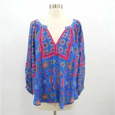 Tolani Blue Boho newest Floral Silk Tunic Blouse