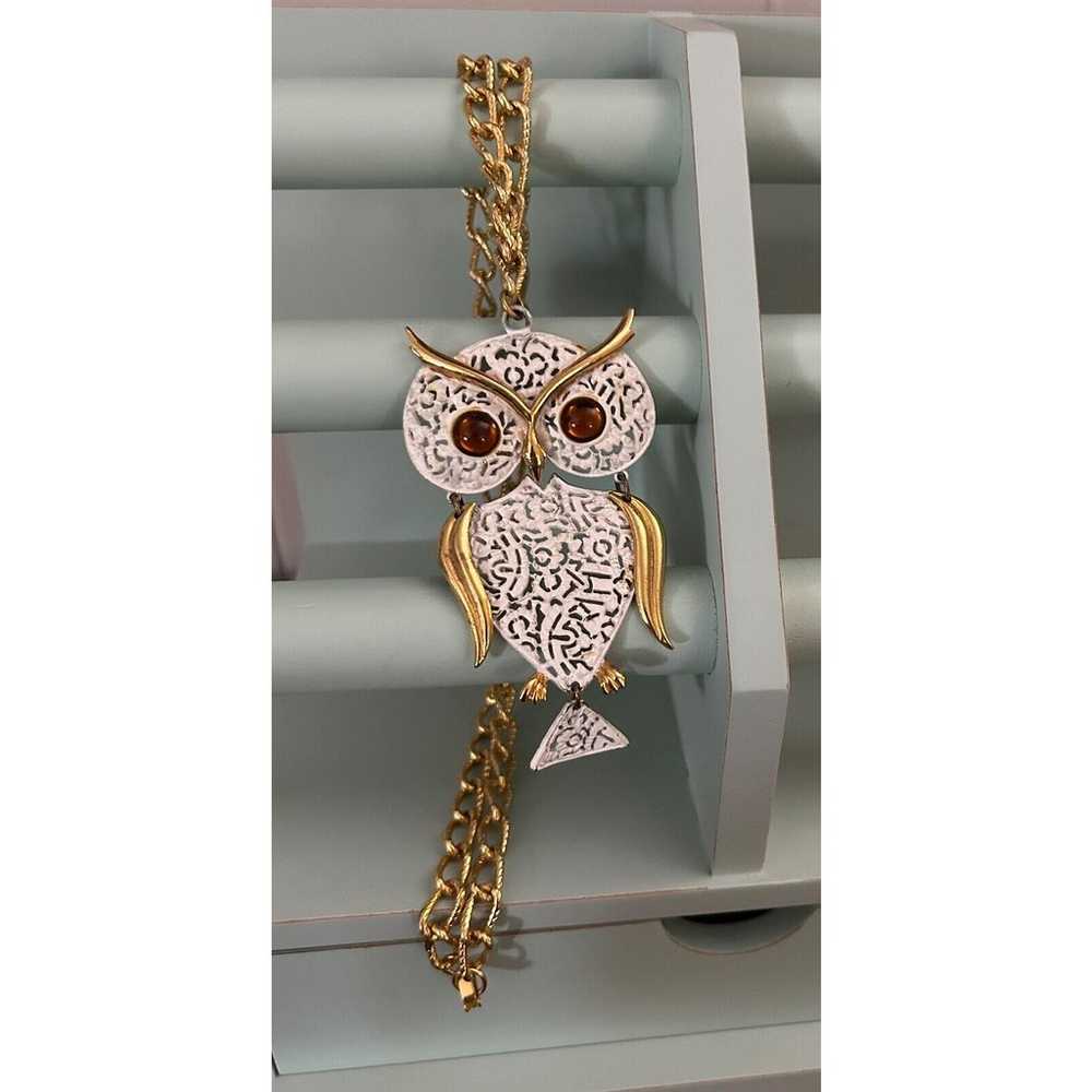 Vintage Articulated Owl Statement Pendant Necklace - image 1