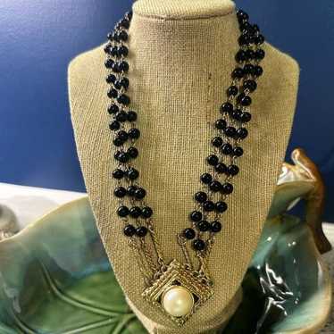 Vintage Black Glass Multi Strand Necklace with Pe… - image 1