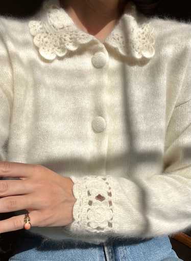 Vintage Ivory Angora Crochet Detailed Collared Car