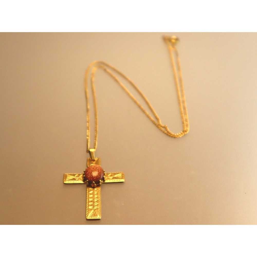 Vintage Goldstone Cross Necklace - image 1