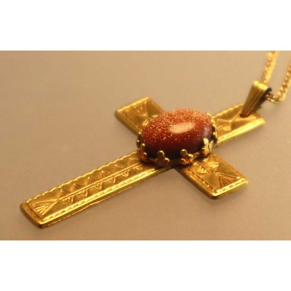 Vintage Goldstone Cross Necklace - image 3