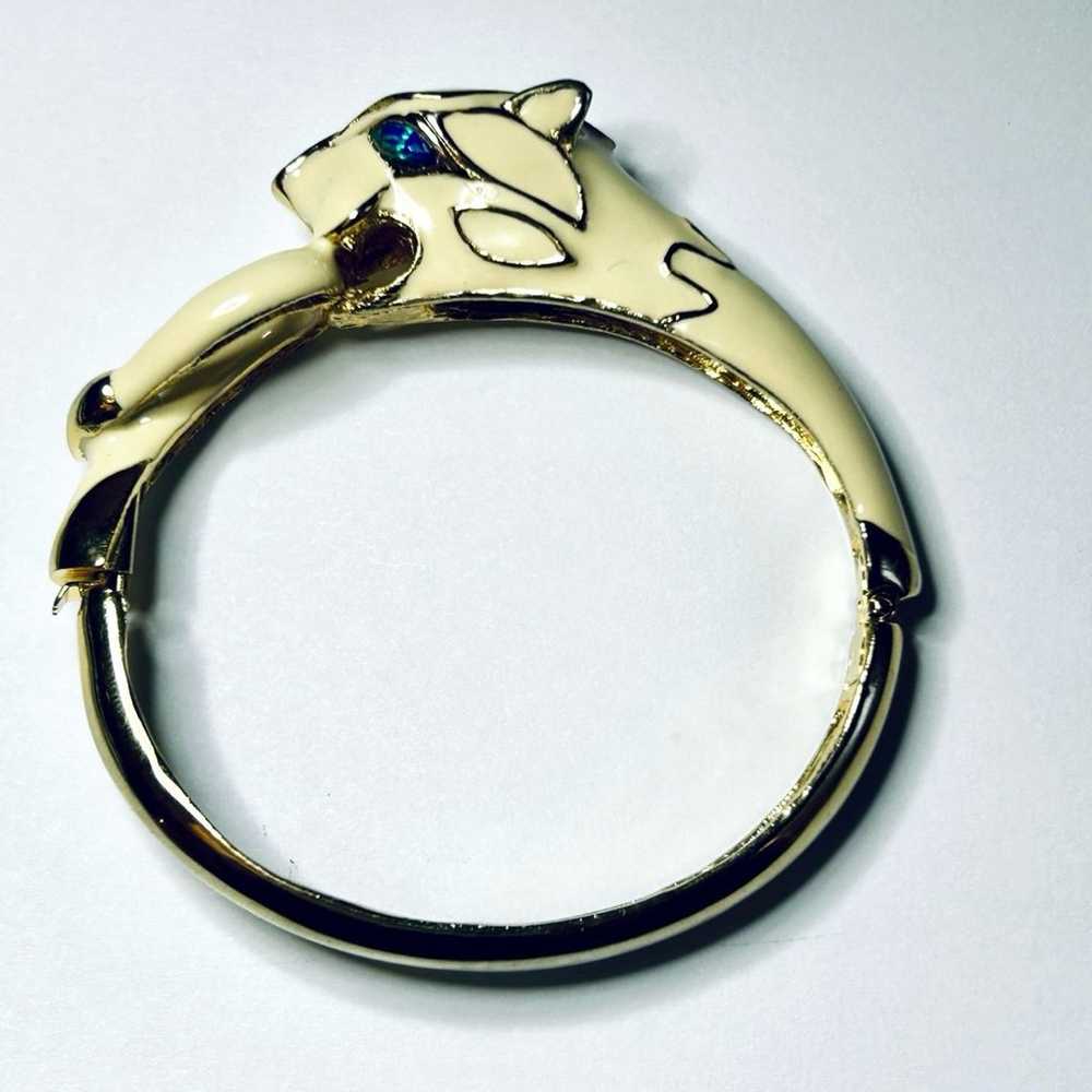 Beautiful Vintage Panther Clamp Bracelet White En… - image 2