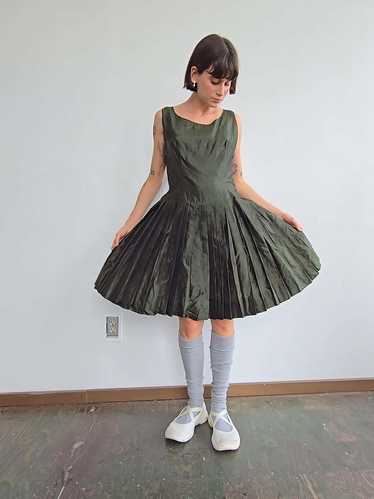 Vintage 1960s Drop Pleated Dress - Moss